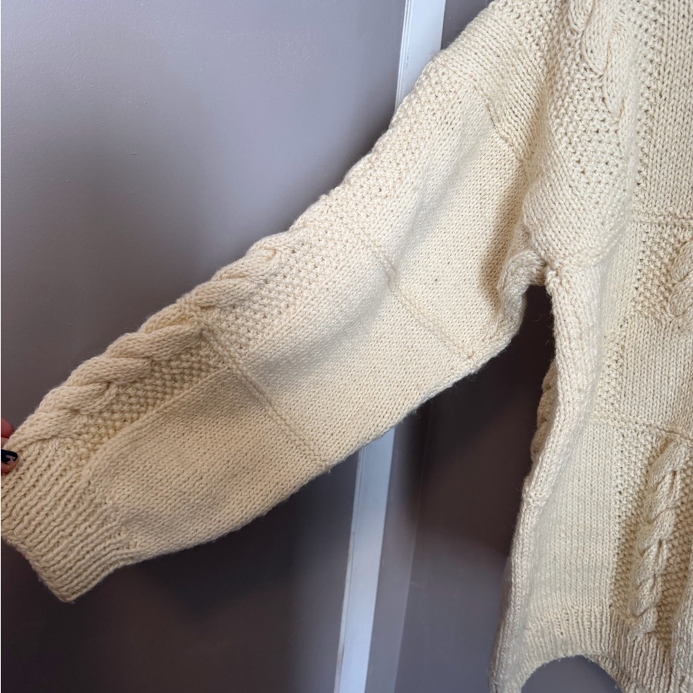 Butter Cream Yellow Hand Knit Wool Cable Patchwork Sweater XL - Picture 5 of 8